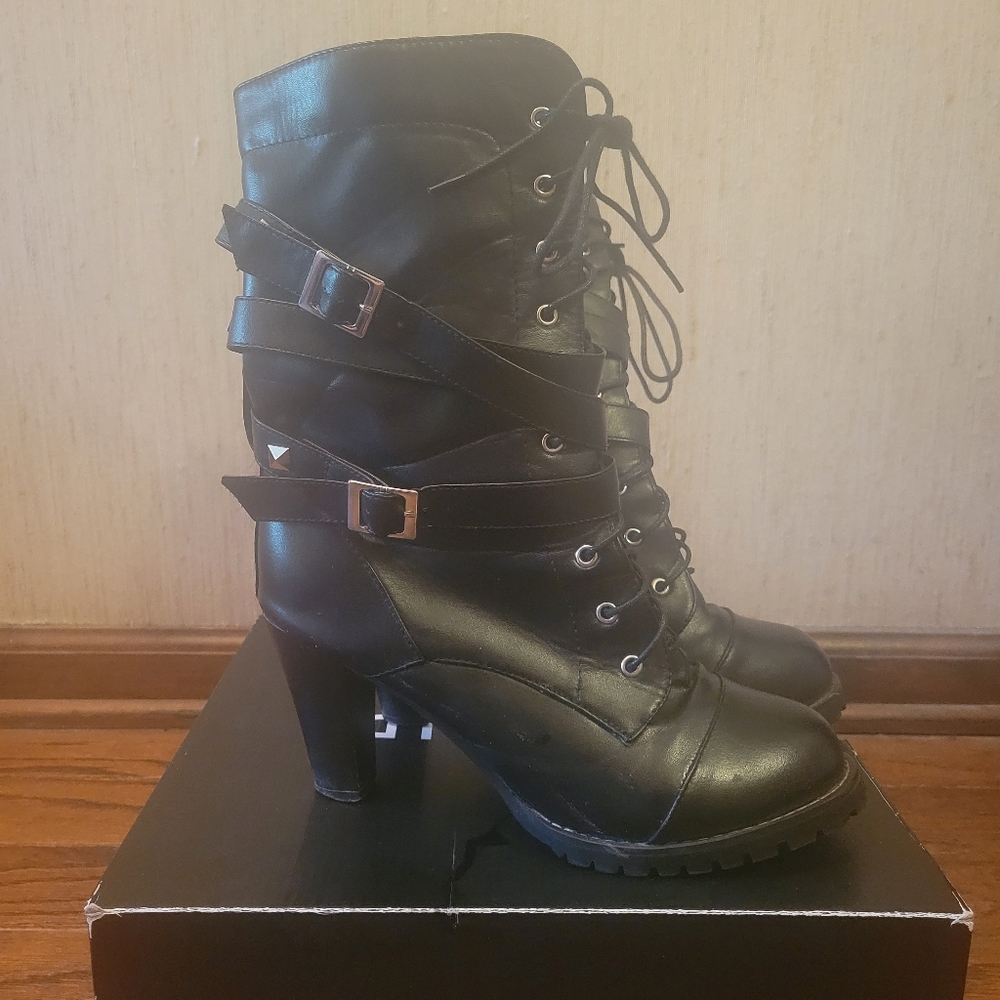 Black High Heel Lace Up Women's Boots With Buckles size 10